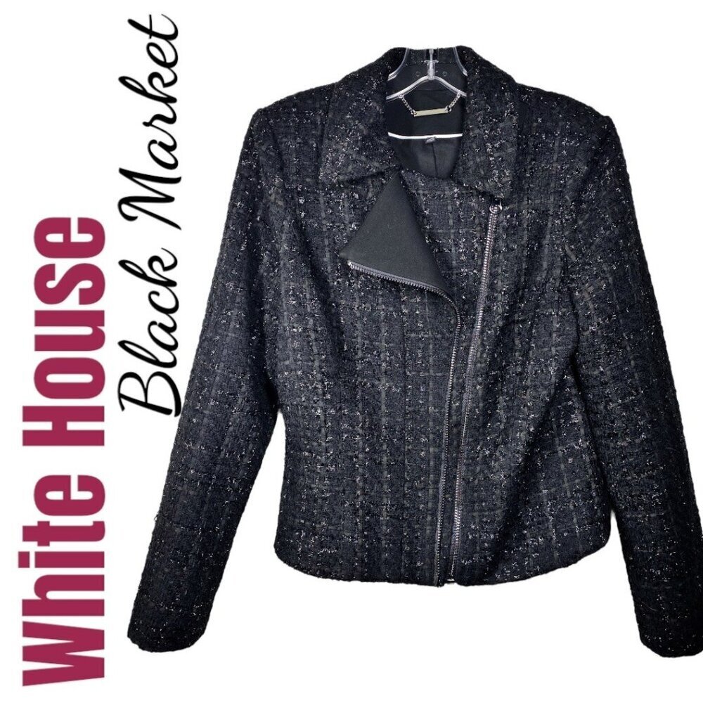 WHBM‎ TWEED MOTO JACKET Black Shimmer Collarless, Size 8